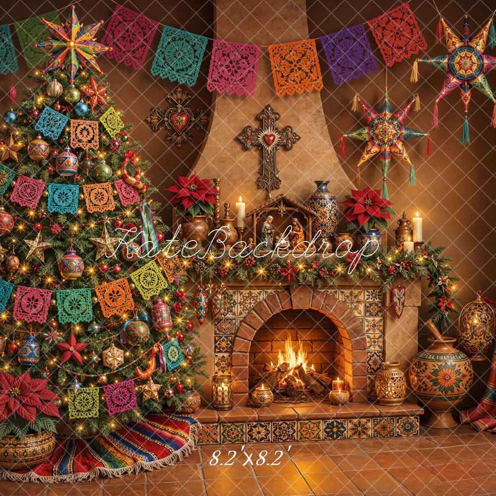 Kate Mexican Christmas Tree Fireplace Papel Picado Curtains Printed Backdrop Designed by Emetselch