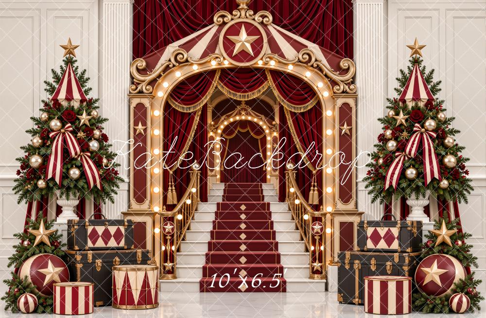 Kate Christmas Circus Staircase Theatrical Entrance Christmas Trees Printed Backdrop Designed by Emetselch