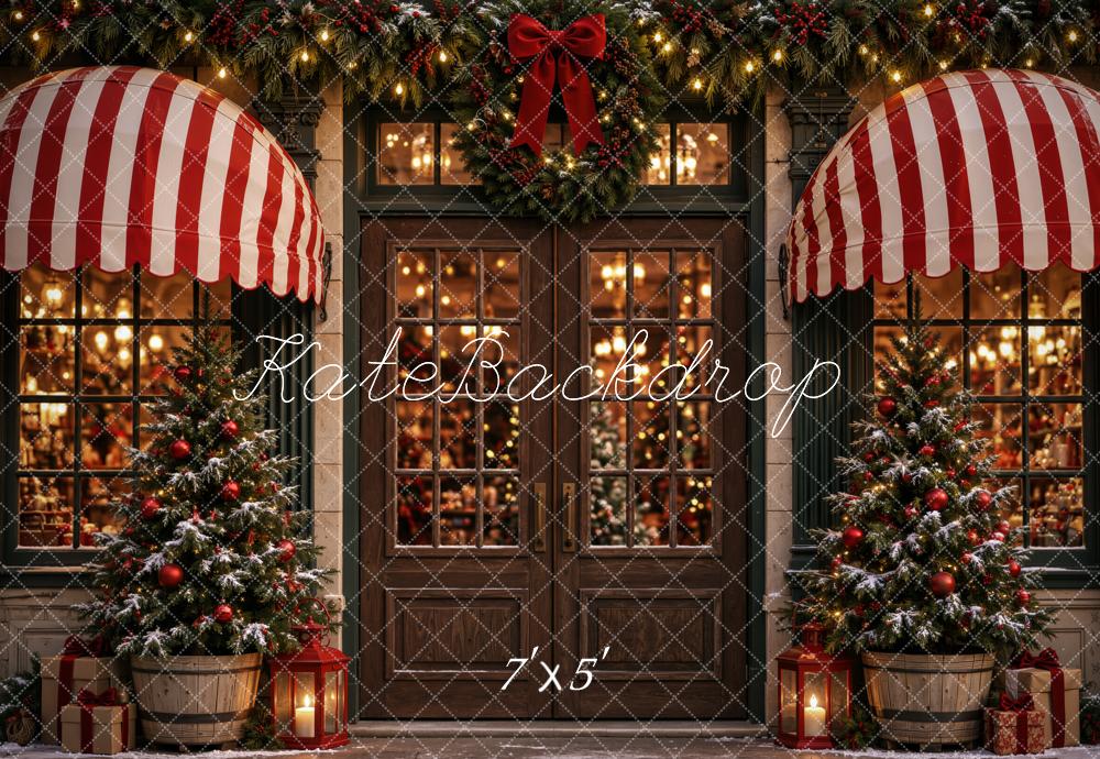 Kate Christmas Storefront Door With Striped Awnings Printed Backdrop Designed by Emetselch