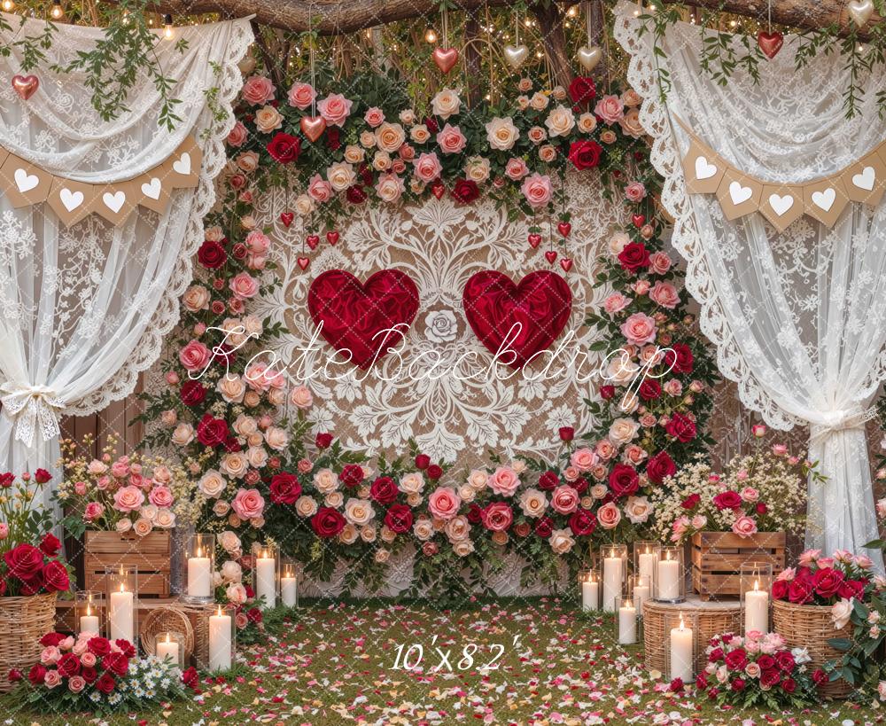Kate Valentine's Day Lace Curtains Flower Branch Arch Heart Printed Backdrop Designed by Mini MakeBelieve