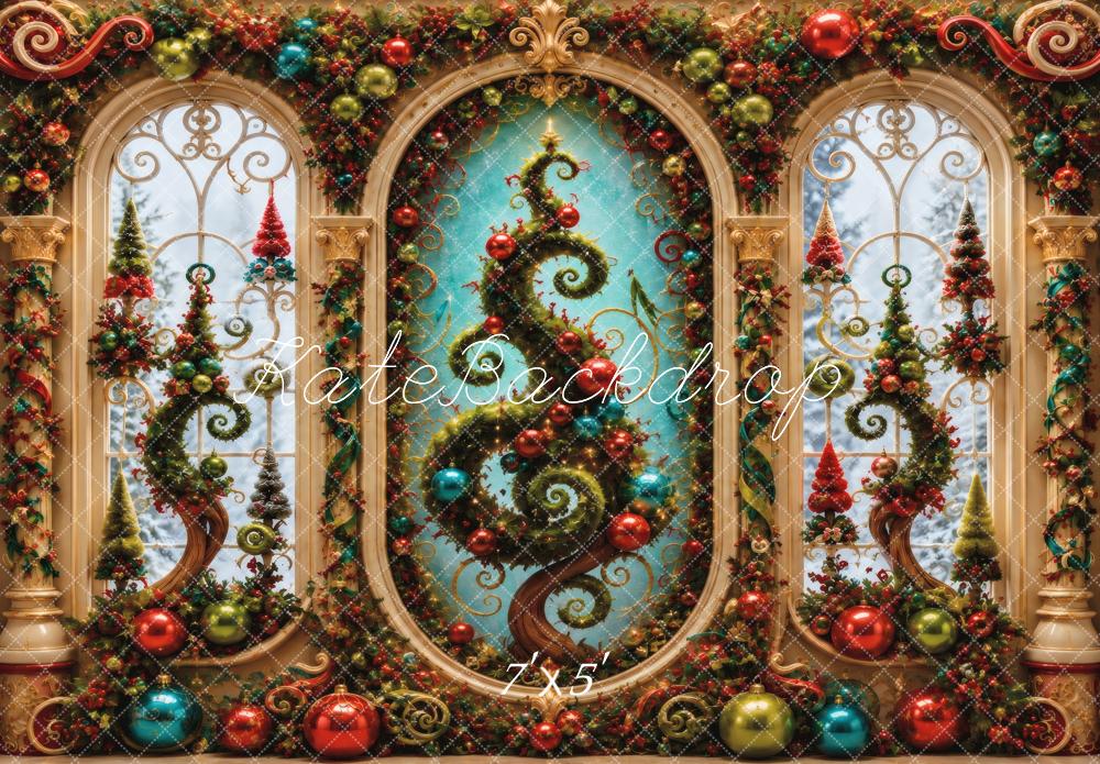 Kate Christmas Swirled Trees Ornaments Garland Windows Printed Backdrop Designed by Vertigo Productions