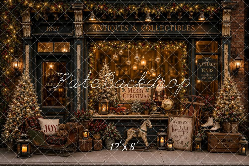 Kate Christmas Antique Window Display Storefront Garland Trees Sled Printed Backdrop Designed by Ashley Ward