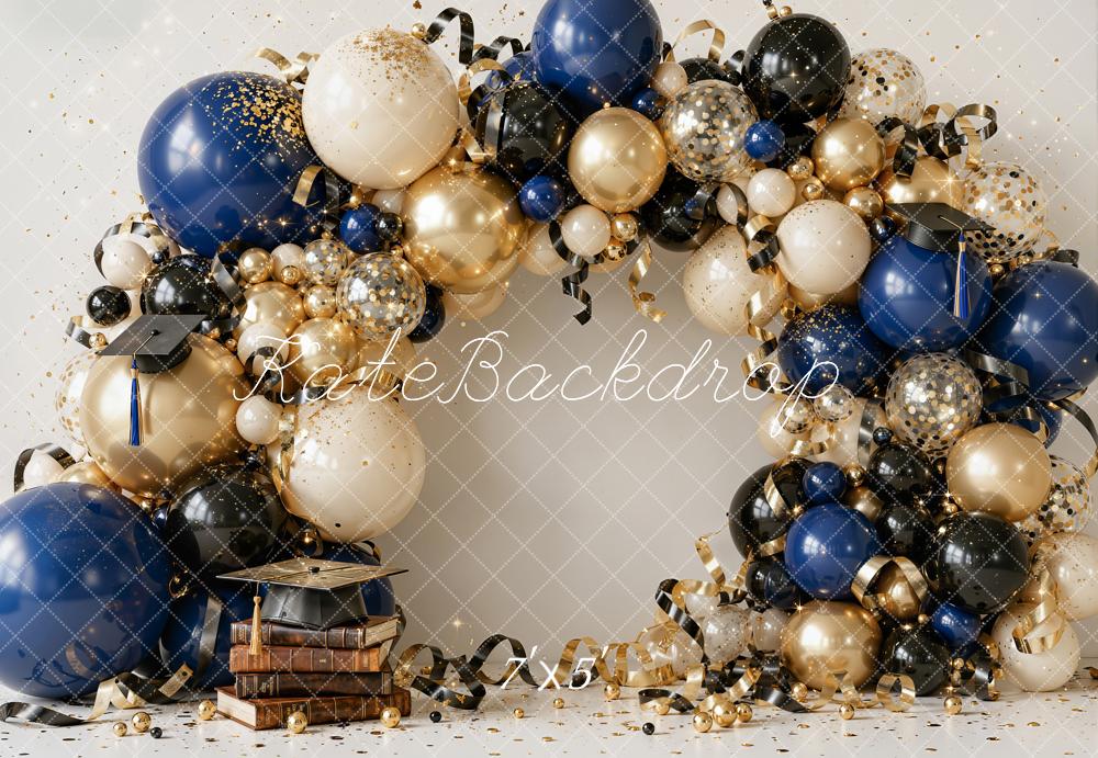 Kate Graduation Balloon Arch Stacked Books Navy Gold Printed Backdrop Designed by Emetselch