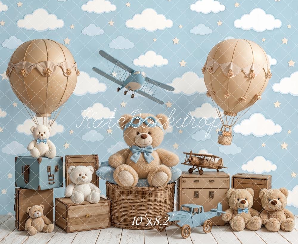 Kate Cake Smash Blue Teddy Bear Hot Air Balloon Airplane Clouds Backdrop Designed by Chain Photography