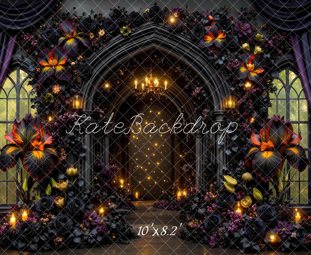 Kate Halloween Gothic Flower Arch Black Roses Chandelier Candles Printed Backdrop Designed by Mini MakeBelieve