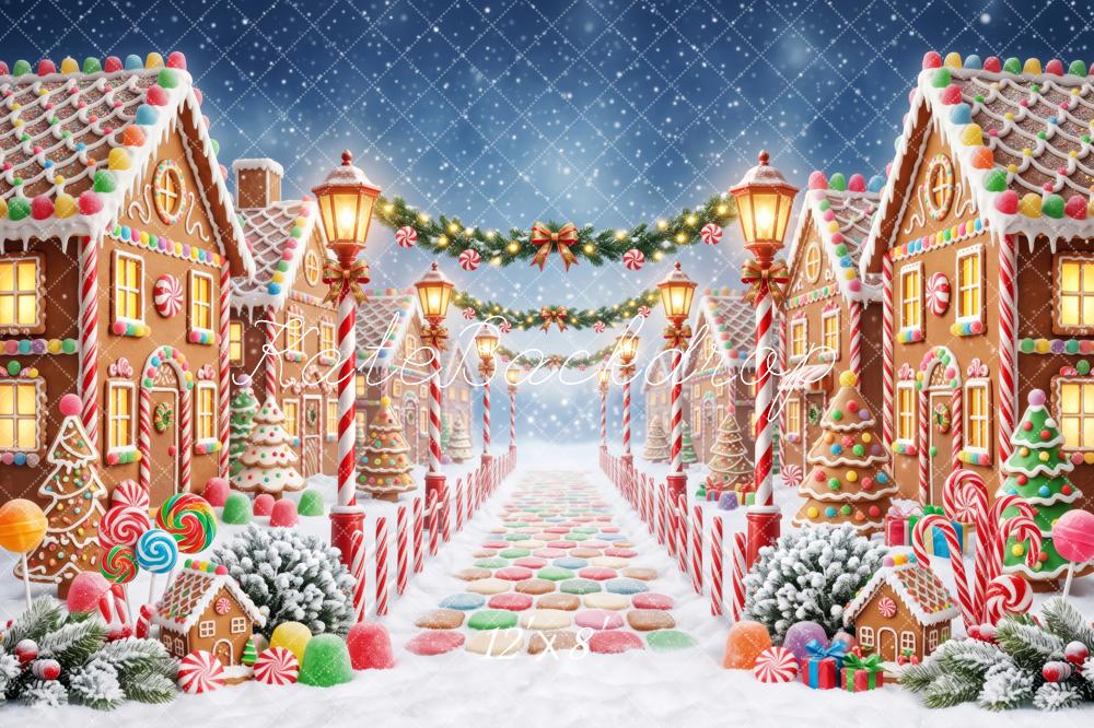 Kate Christmas Gingerbread Street Candy Village Snow Printed Backdrop Designed by Patty Roberts