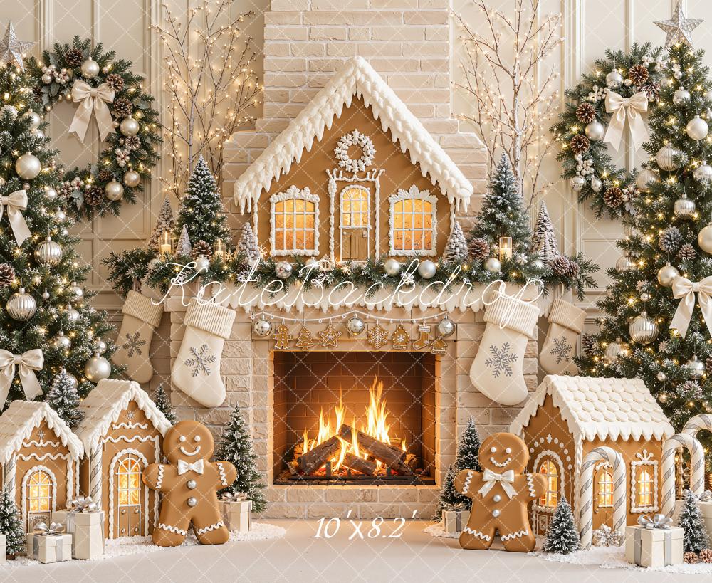 Kate Christmas Gingerbread Fireplace Christmas Trees Wreath Printed Backdrop Designed by Emetselch