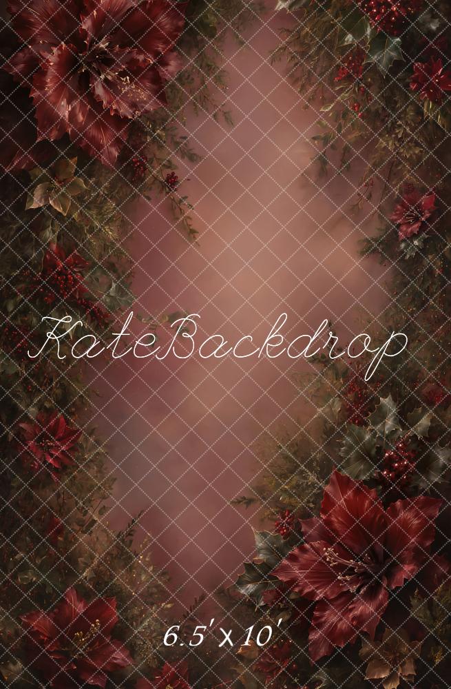Kate Christmas Fine Art Burgundy Poinsettia Floral Printed Backdrop Designed by GQ