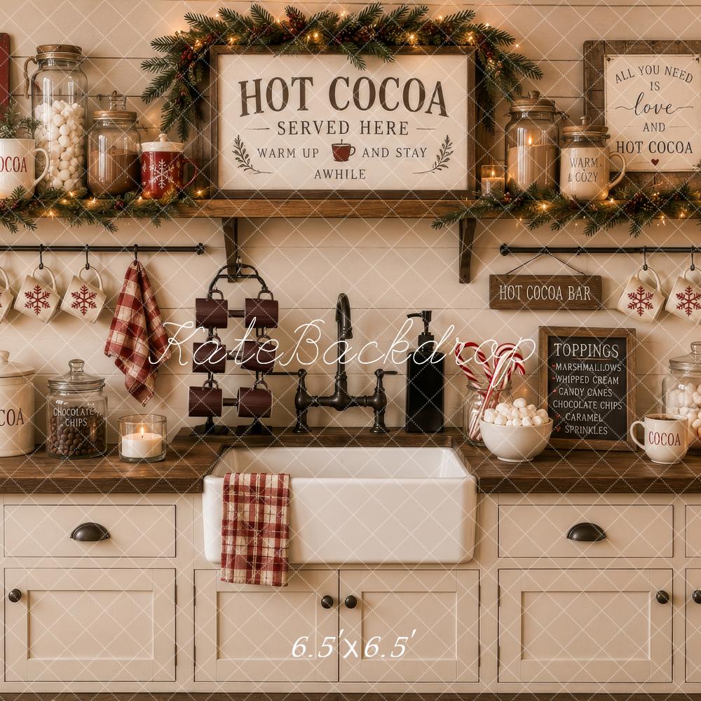 Kate Christmas Hot Cocoa Bar Rustic Kitchen Cabinet Printed Backdrop Designed by Megan Leigh Photography