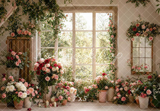 Kate Valentines Spring Flower Arch Pink Roses Window Printed Backdrop Designed by Emetselch