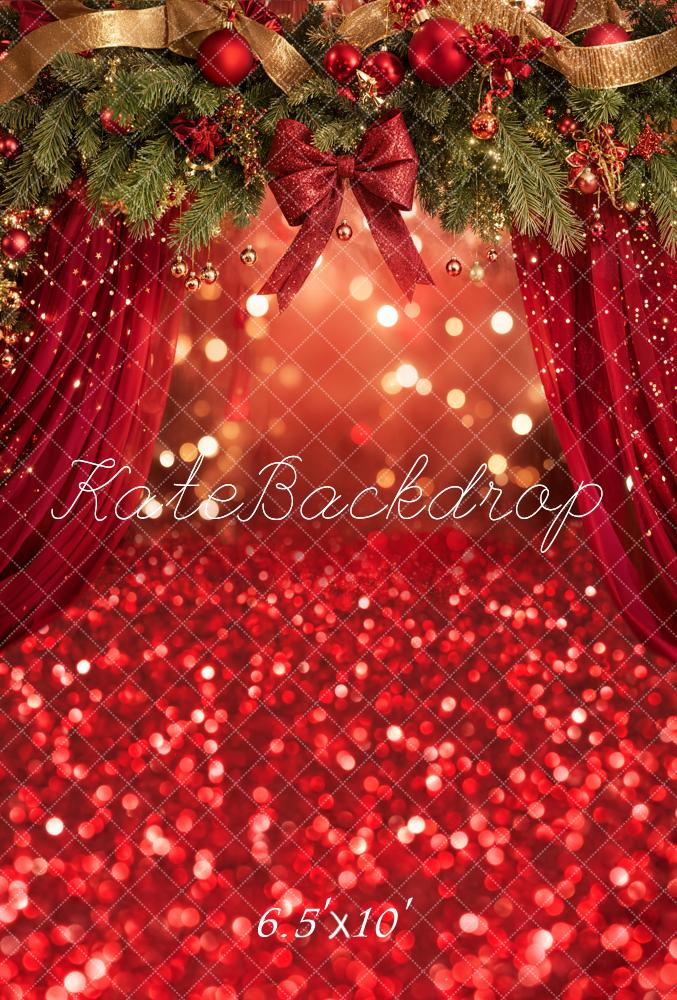 Kate Christmas Red Curtain Bokeh Garland Bow Backdrop Designed by Emetselch