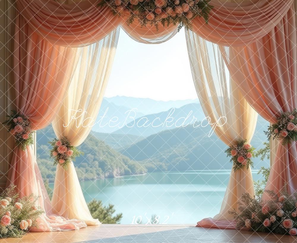 Kate Summer Peach Drapes Floral Arch Lake View Printed Backdrop Designed by Laura Bybee