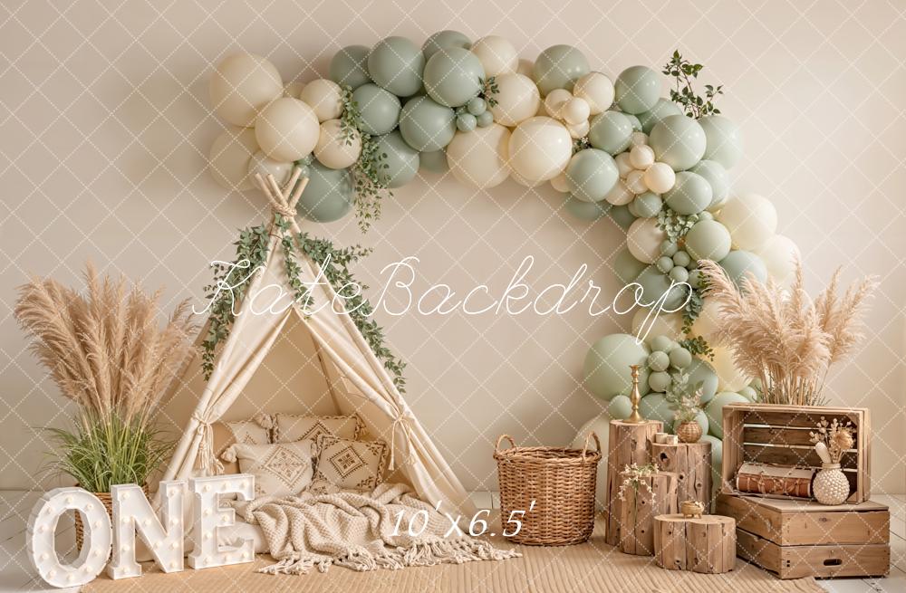 Kate Cake Smash Boho Balloon Arch Teepee Pampas Grass ONE Crates Printed Backdrop Designed by Emetselch