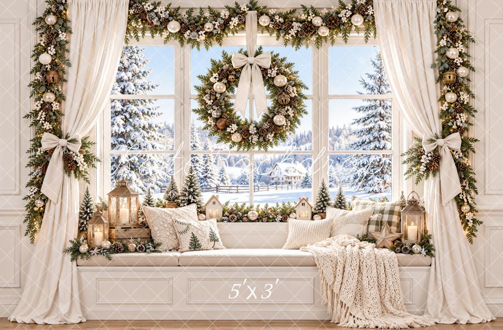 Kate Christmas Bay Window Wreath Garland White Curtains Printed Backdrop Designed by Emetselch