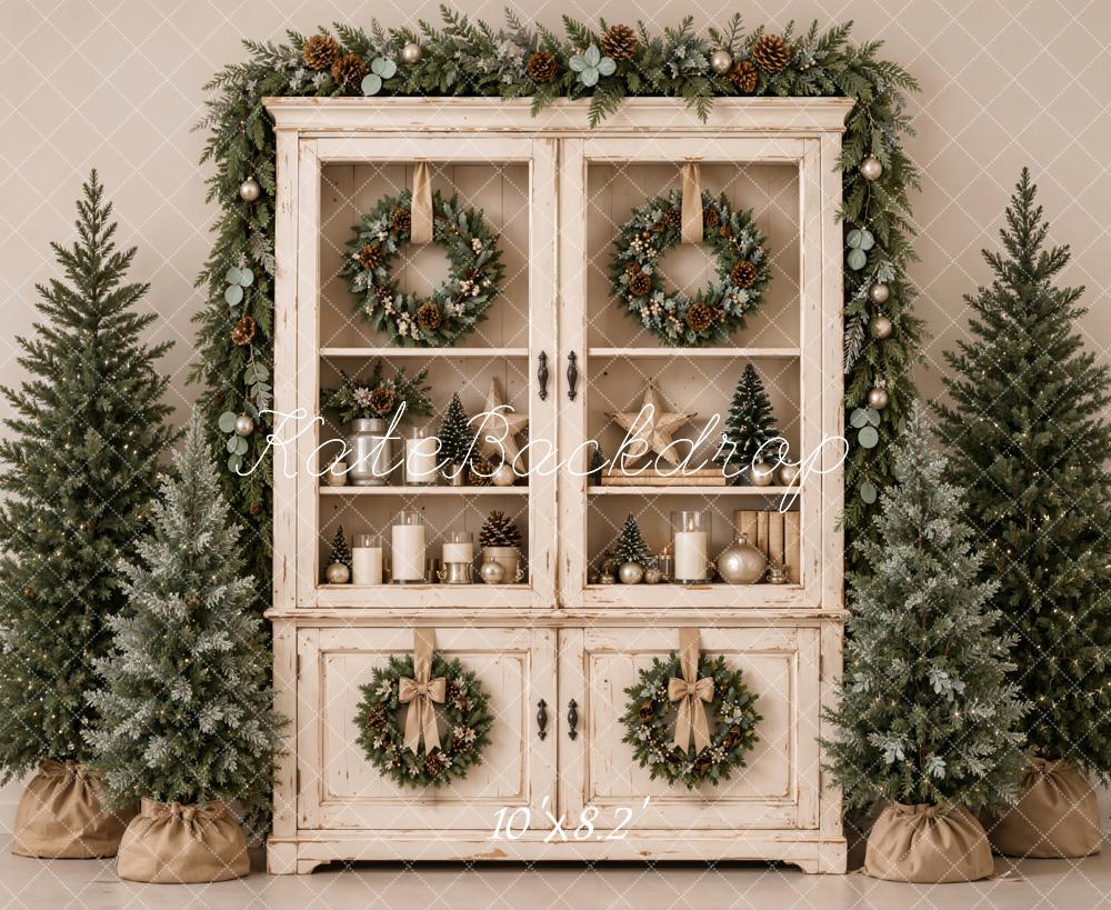 Kate Christmas Vintage Cabinet Wreaths Evergreen Trees Printed Backdrop Designed by Emetselch
