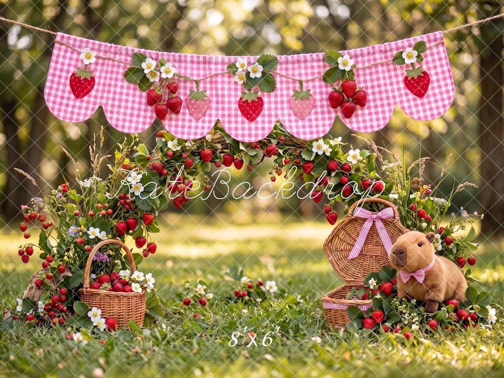 Kate Cake Smash Capybara Strawberry Picnic Teddy Bear Garden Printed Backdrop Designed by Angela Miller