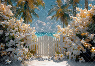 Kate Beach Floral Fence Night Printed Backdrop Designed by Mini MakeBelieve
