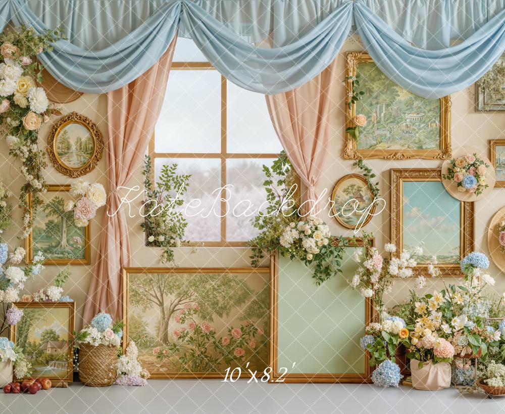 Kate Spring Floral Gallery Wall with Window and Pastel Frames Backdrop Designed by Emetselch