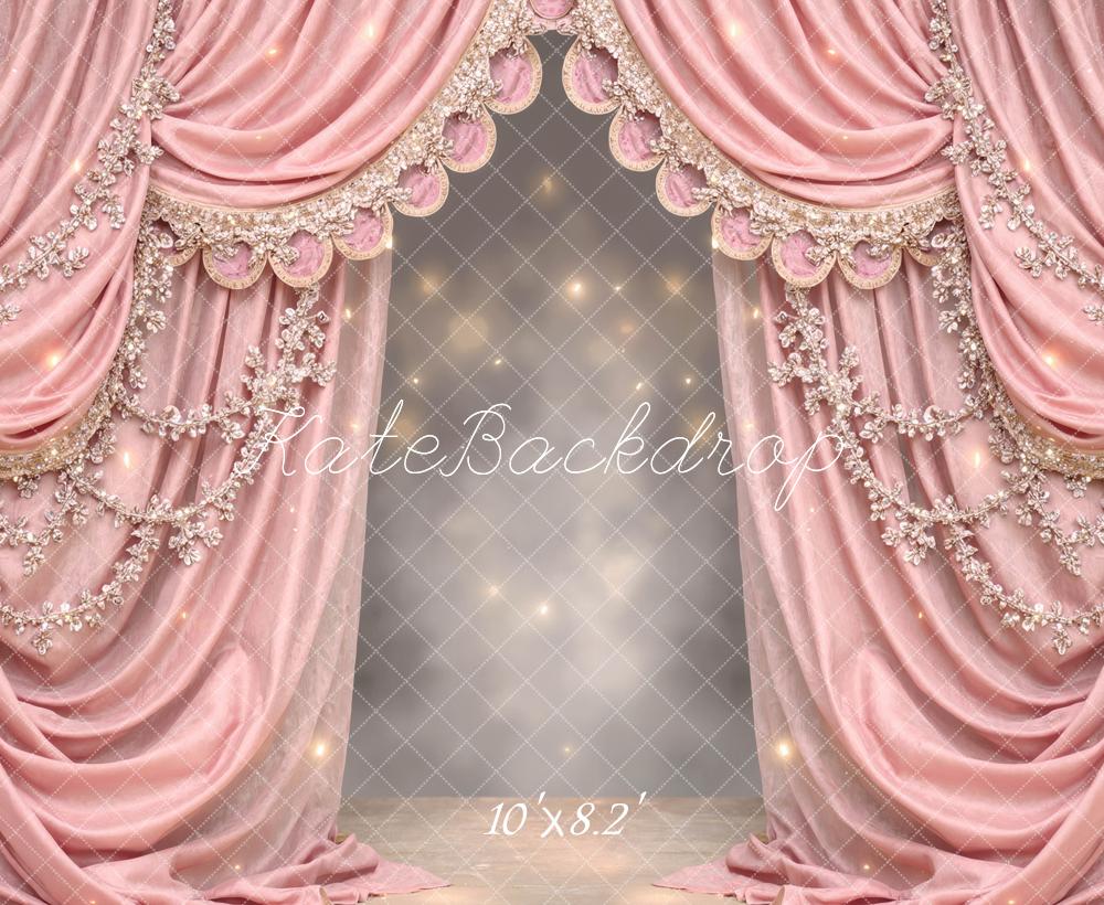 Kate Pink Draped Curtains with Floral Embellishments Printed Backdrop Designed by Mini MakeBelieve