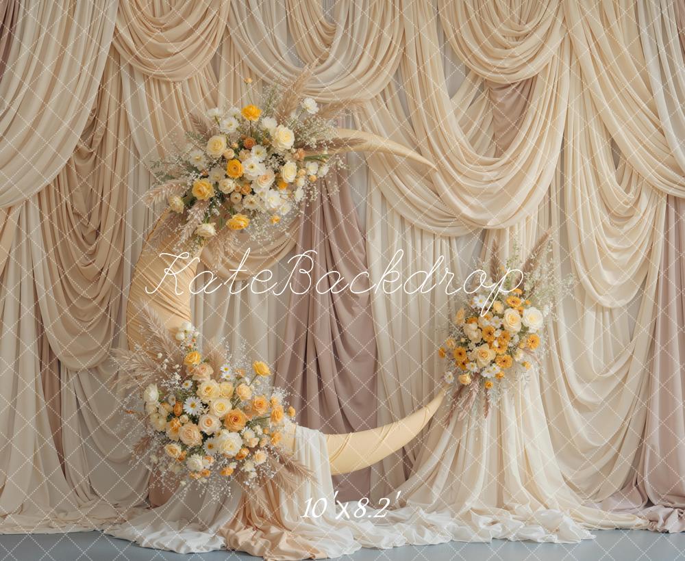 Kate Beige Drapes Crescent Moon Flower Printed Backdrop Designed by Mini MakeBelieve