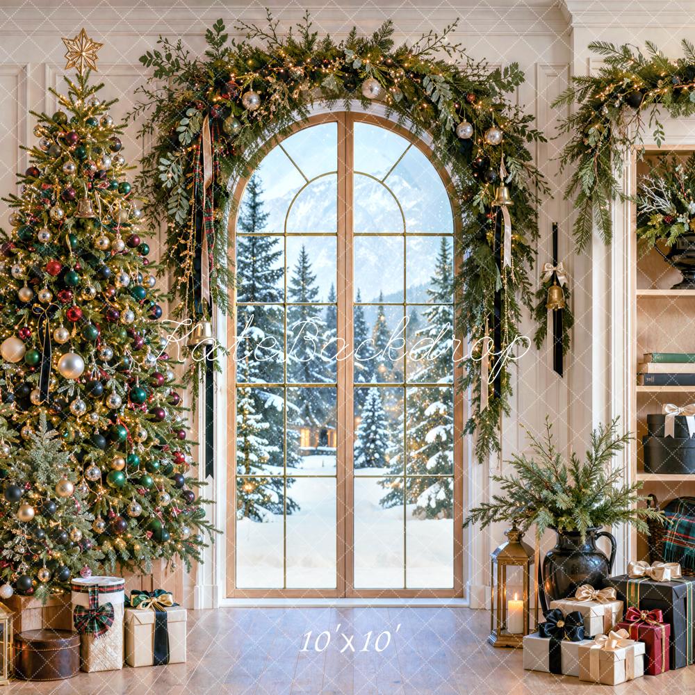 Kate Christmas Tree Garland Arched Window Shelf Printed Backdrop Designed by Mini MakeBelieve