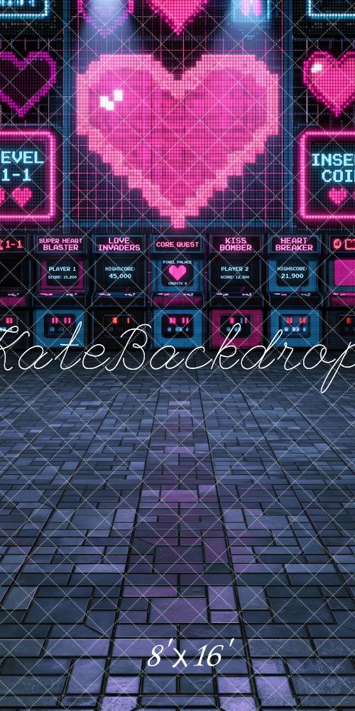 Kate Sweep Valentine's Day Pink Neon Pixel Heart Printed Backdrop Designed by Angela Miller