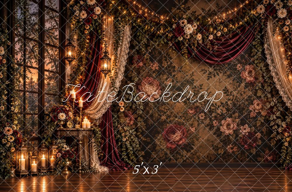 Kate Elegant Dark Brown Gothic Floral Candlelit Drapes Printed Backdrop Designed by Laura Bybee