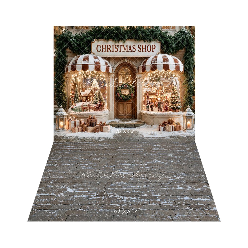 Kate Christmas Shop Window Santa Sleigh Snow Gifts Printed Backdrop+Cobblestone Snow Floor Printed Backdrop