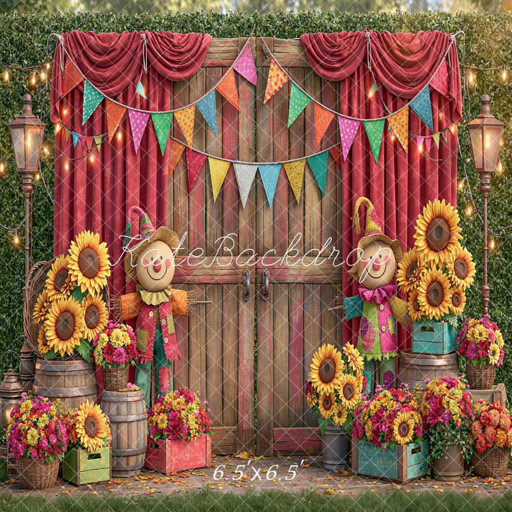 Kate Fall Scarecrow Sunflowers Wooden Door Red Curtain Bunting Printed Backdrop Designed by Angela Miller