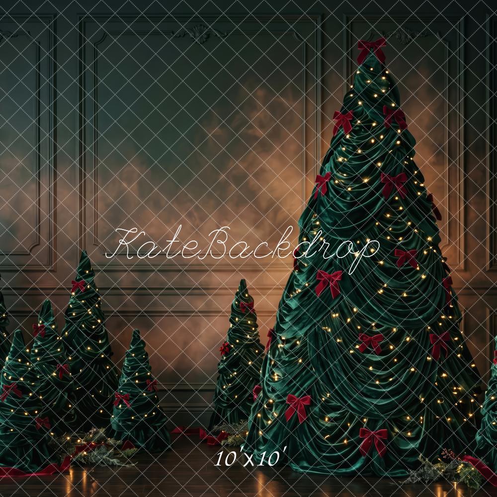 Kate Christmas Trees Dark Moody Red Bows Lights Printed Backdrop Designed by Patty Roberts