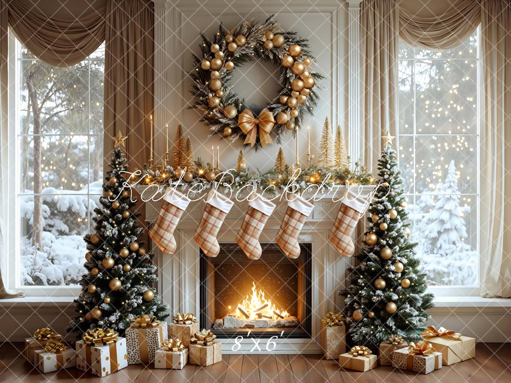 Kate Christmas Fireplace Wreath Gold Trees Stockings Snowy Window Backdrop Designed by Mini MakeBelieve