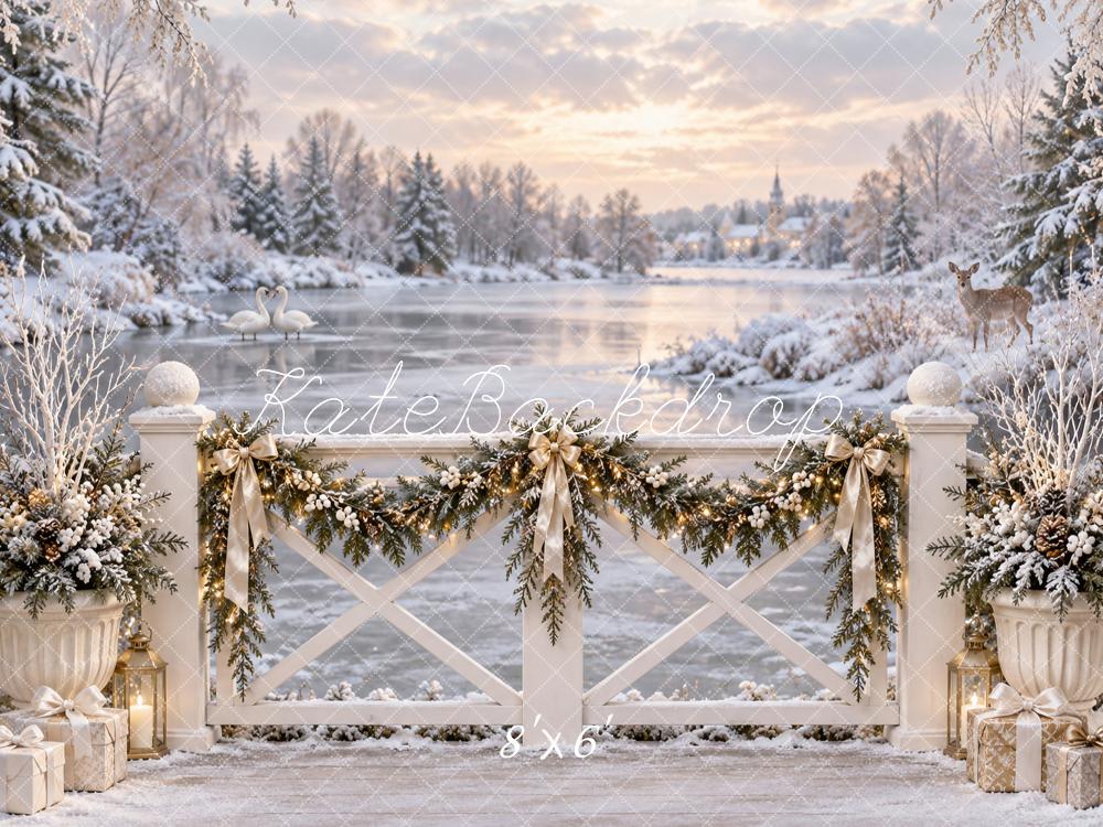 Kate Christmas Winter Snowy Lake Bridge Garland Swans Printed Backdrop Designed by Vertigo Productions