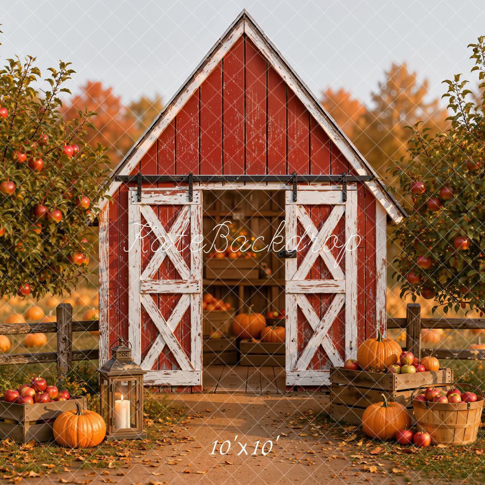 Kate Fall Red Barn Pumpkins Apple Orchard Printed Backdrop Designed by Emetselch
