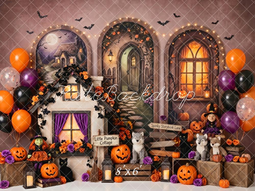 Kate Halloween Birthday Storybook Haunted Houses Pumpkins Printed Backdrop Designed by Patty Roberts