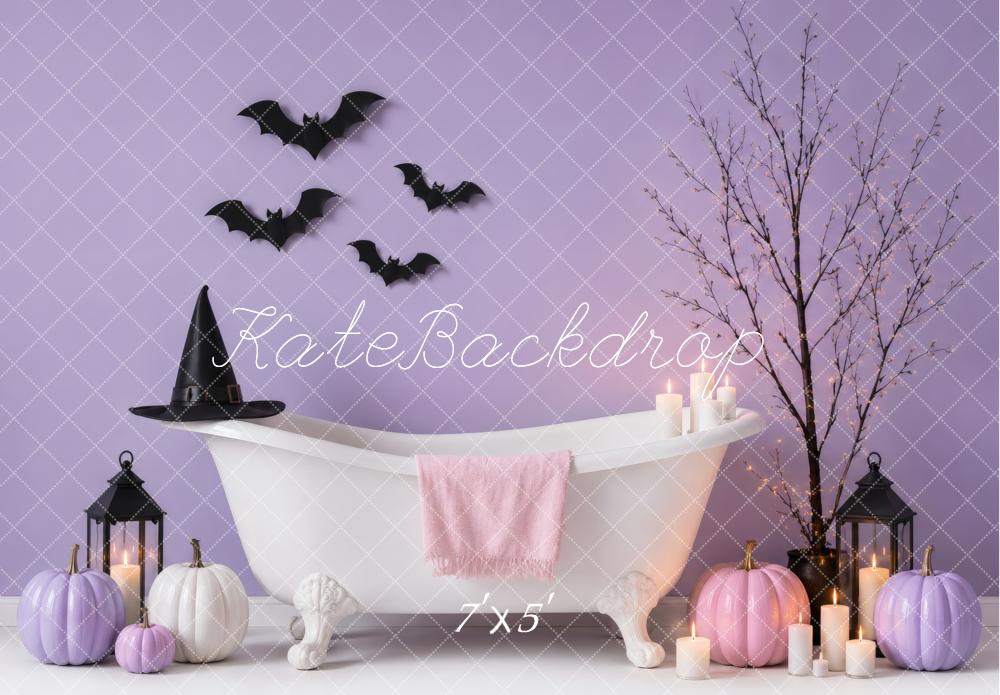 Kate Halloween Baby Shower Bathtub Purple Pumpkins Bats Candles Printed Backdrop Designed by Vertigo Productions