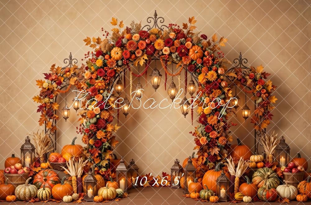 Kate Fall Flower Arch Pumpkins Hanging Lanterns Printed Backdrop Designed by Patty Roberts