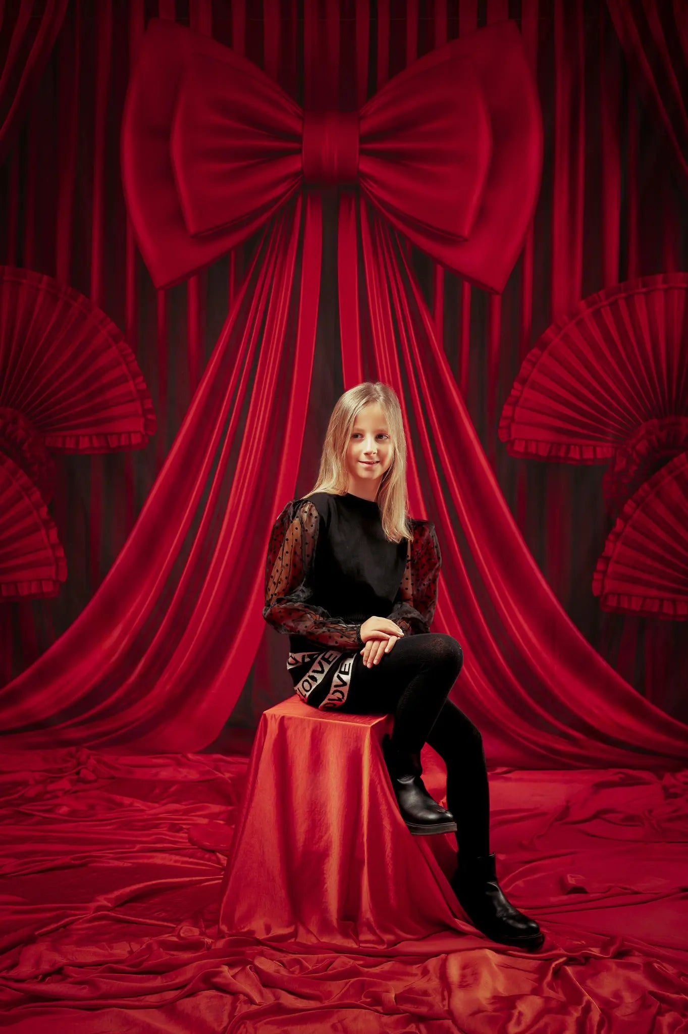 Kate Red Curtain Bow Drapes Fans Backdrop Designed by Patty Roberts