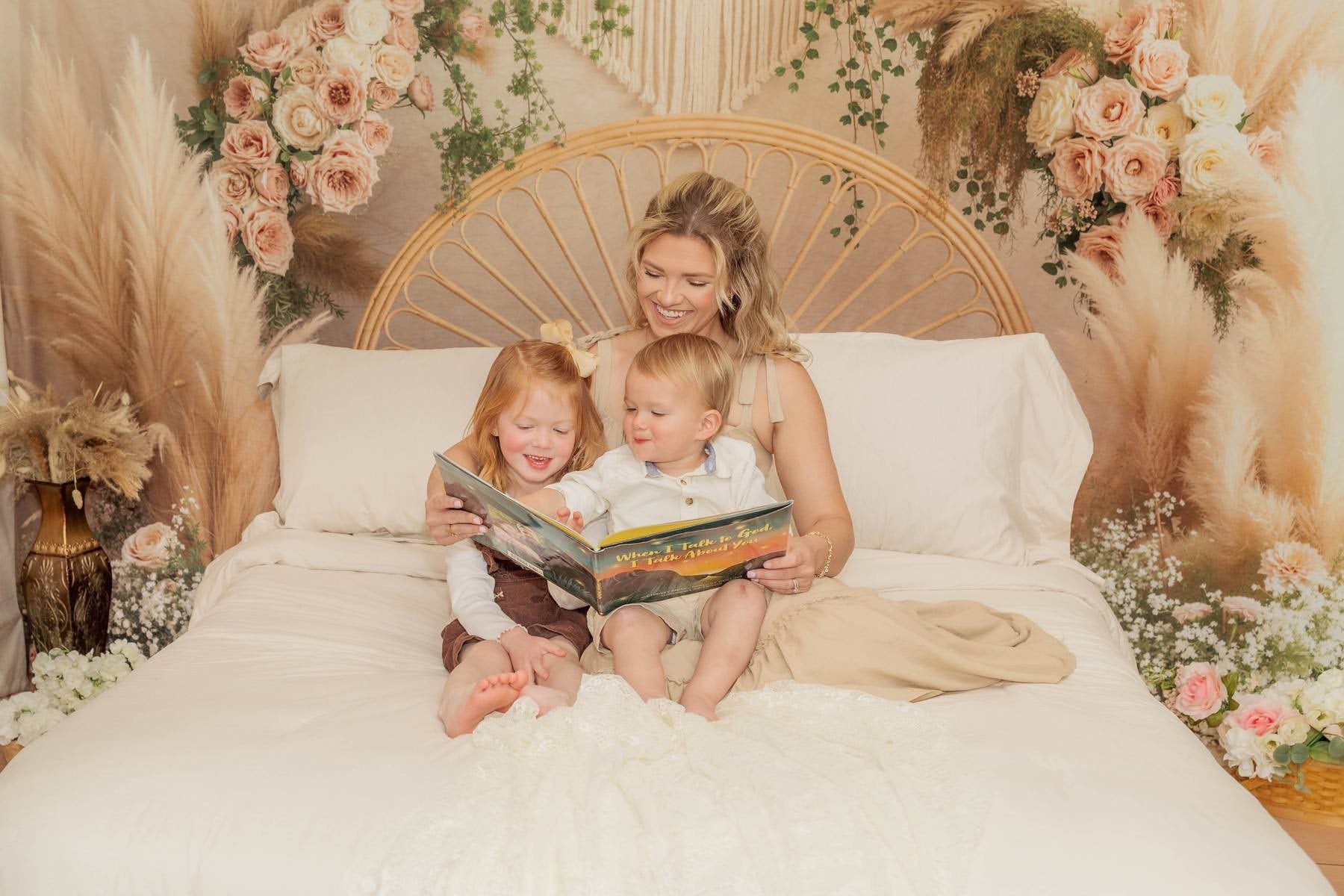 Kate Boho Headboard Rattan Flower Arch Pampas Grass Beige Printed Backdrop Designed by Emetselch