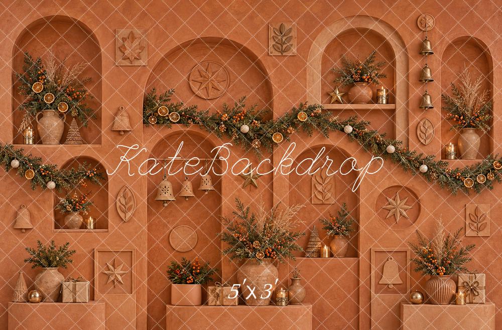 Kate Christmas Terracotta Arches Garland Botanicals Bells Printed Backdrop Designed by Vertigo Productions