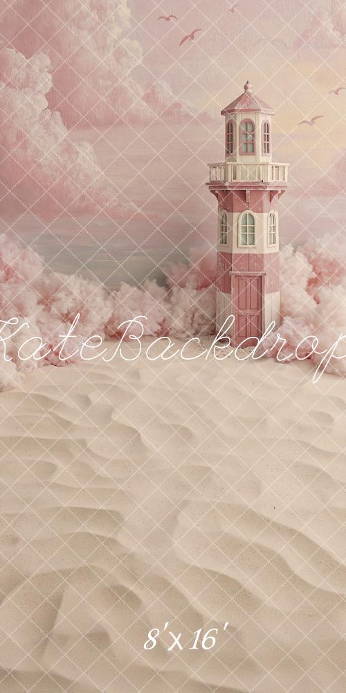 Kate Sweep Beach Pink Lighthouse Sandy Clouds Printed Backdrop Designed by Angela Miller