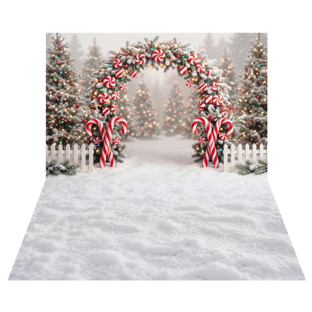 Kate Christmas Flower Arch Candy Cane Peppermint Snowy Trees Printed Backdrop+White Snow Ground Texture Printed Backdrop