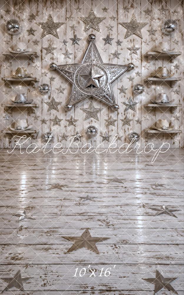 Kate Sweep Silver Star Wall with Silver Ornaments and Shelves Printed Backdrop Designed by Vertigo Productions