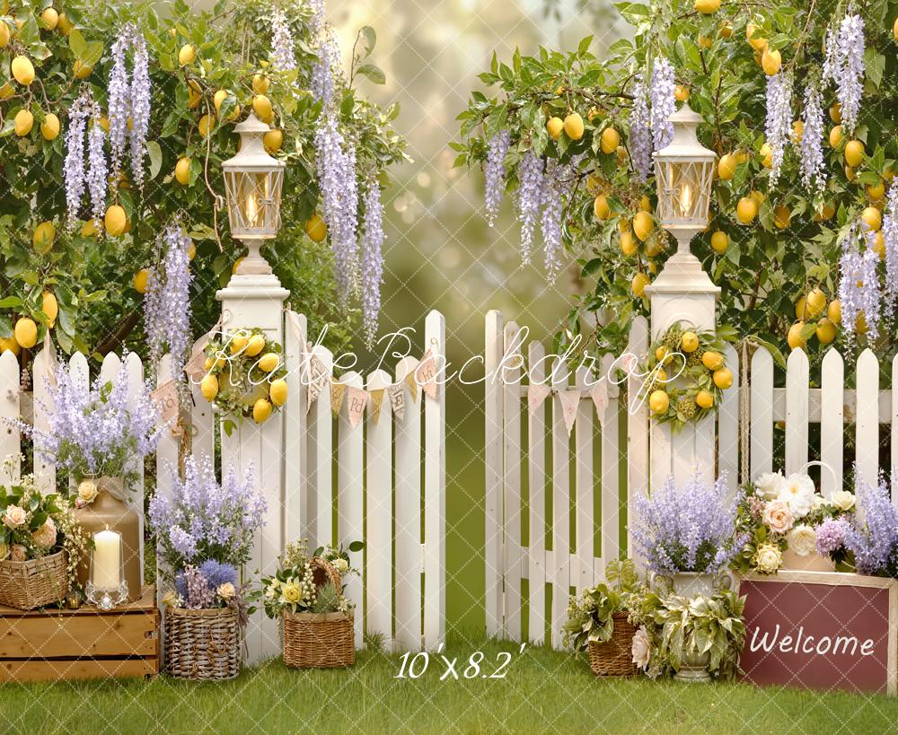 TEST Kate Spring Lemon Tree White Picket Fence Lantern Flowers Backdrop Designed by Emetselch
