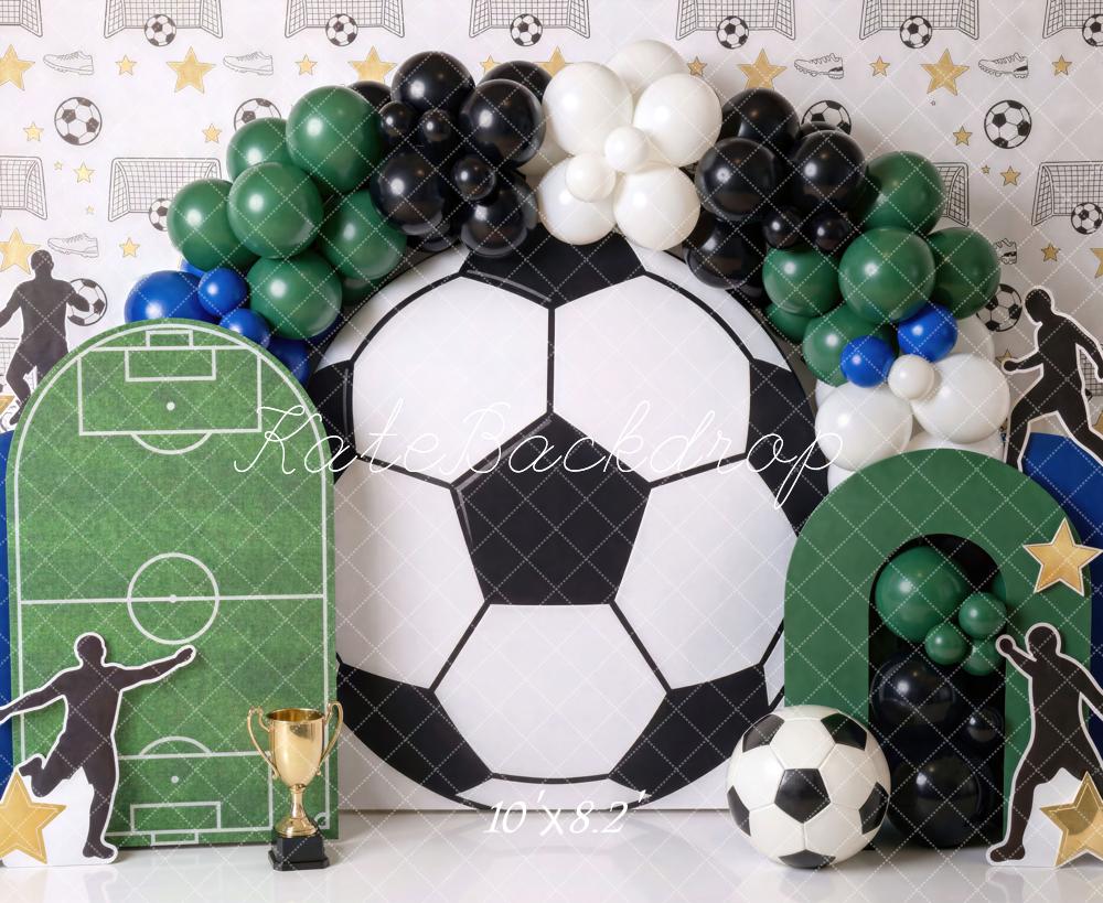 Kate Cake Smash Soccer Ball Soccer Field Balloon Arch Printed Backdrop Designed by Mini MakeBelieve