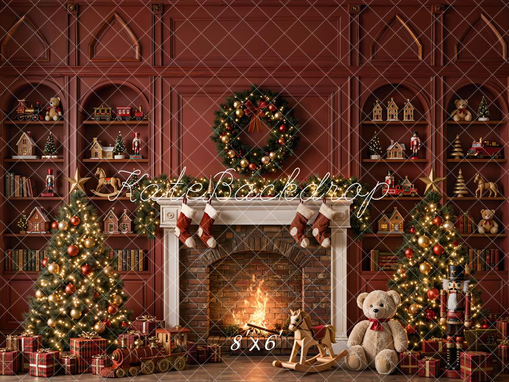 Kate Christmas Fireplace Tree Wreath Gifts Red Toys Wall Printed Backdrop Designed by Emetselch