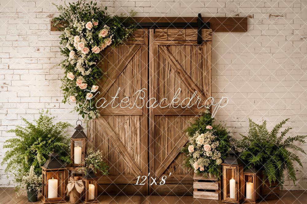 Kate Spring Barn Door Flower Arch Lanterns Greenery Backdrop Designed by Emetselch