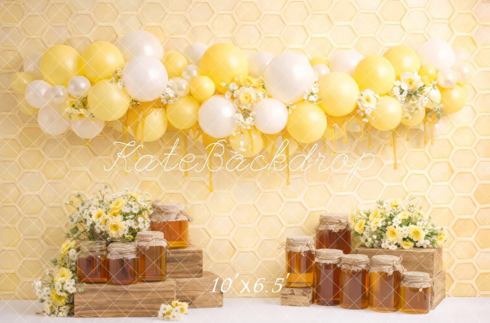 Kate Cake Smash Yellow Honeycomb Balloons Honey Jars Flowers Backdrop Designed by Megan Leigh Photography