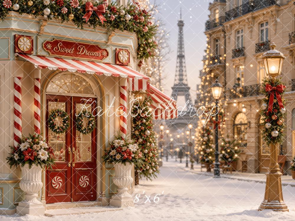 Kate Christmas Paris Candy Shop Snowy Street Printed Backdrop Designed by Emetselch