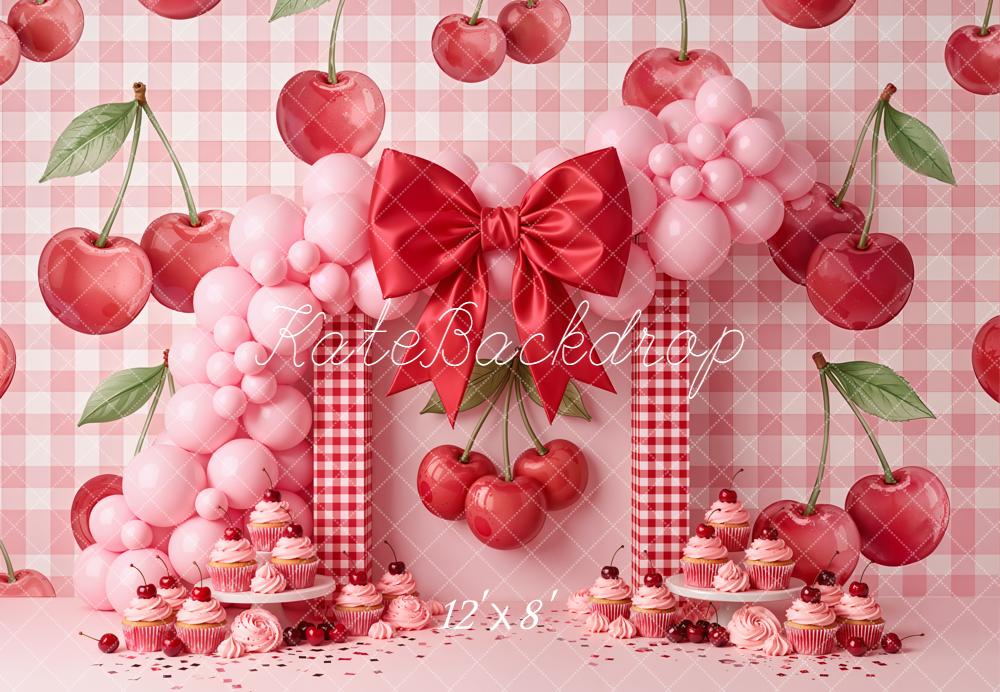 Kate Cake Smash Cherry Pink Gingham Balloon Arch Bow Cupcakes Backdrop Designed by Emetselch