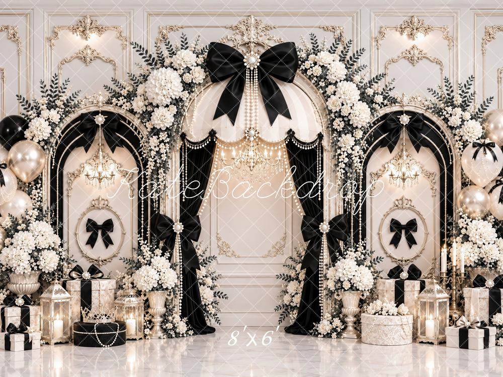 Kate Elegant Black Bow Flower Arch White Vintage Wall Printed Backdrop Designed by Ashley Paul